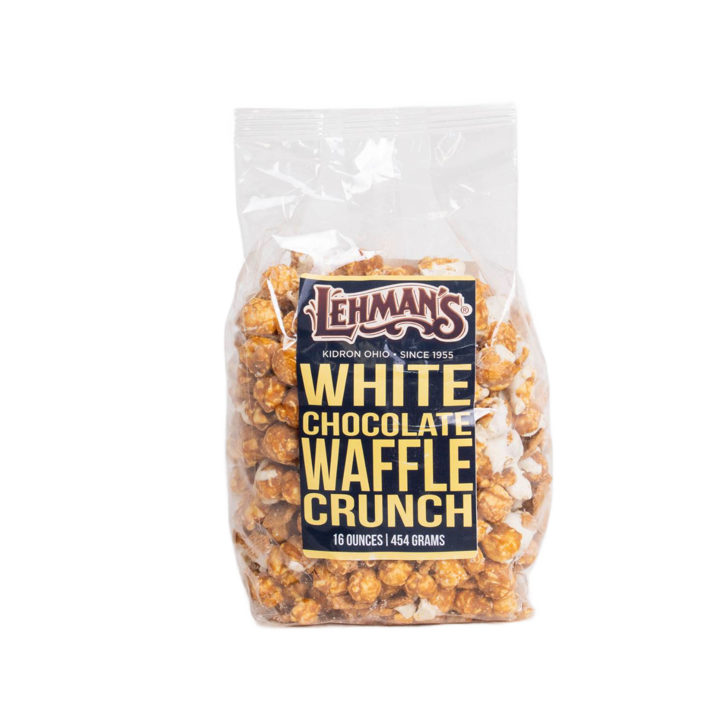 Clear bag of handcrafted white chocolate waffle crunch popcorn, an exclusive USA-made sweet snack featured in Kitchen & Food, Snacks and Sweets, Popcorn, and Best Sellers collections.