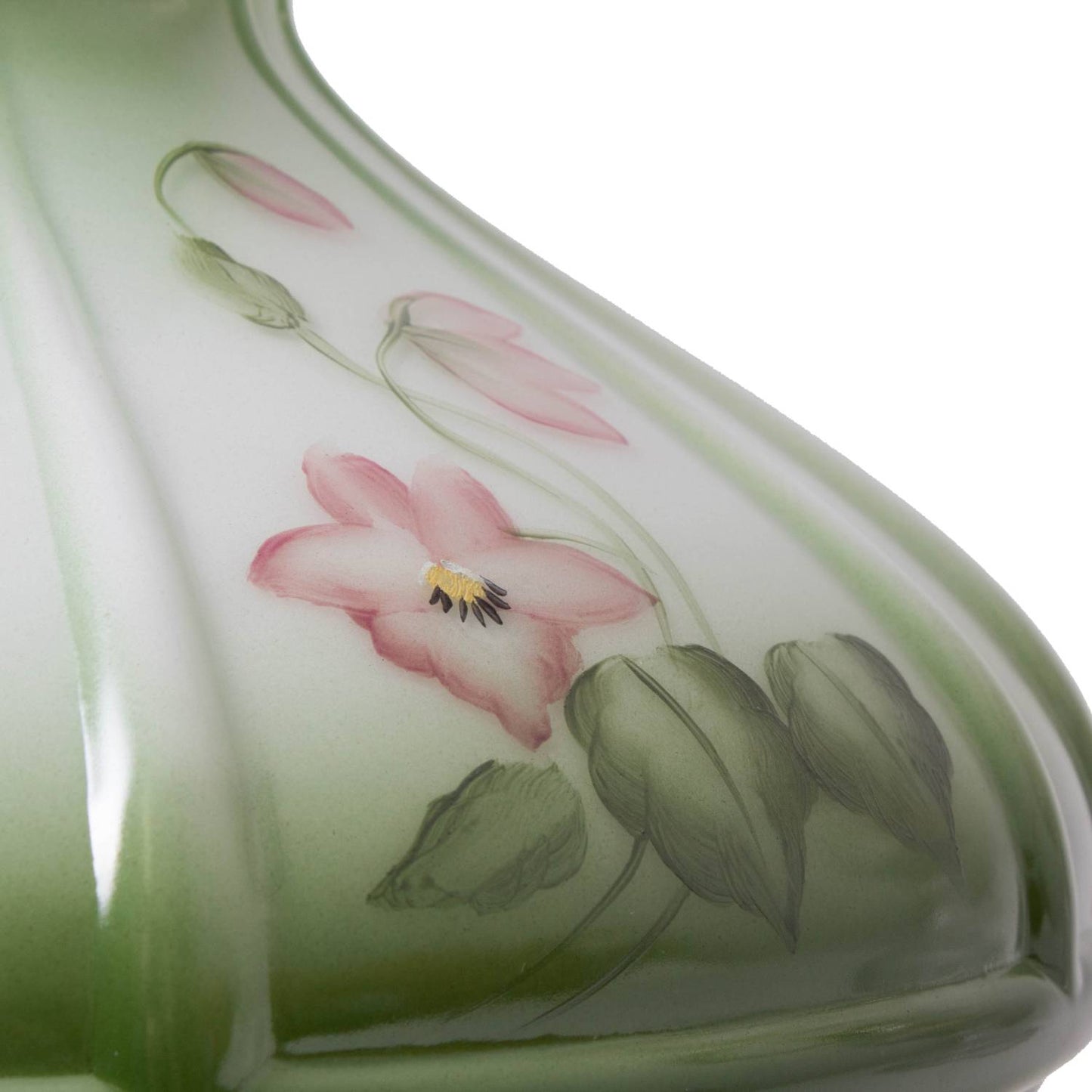 Hand-molded glass lamp shade in soft green with delicate violet floral design, handcrafted for use in Lamps & Lighting, Parts and Accessories, Lamp Shades, and Best Sellers collections.