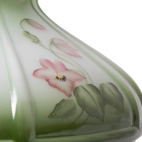 Hand-molded glass lamp shade in soft green with delicate violet floral design, handcrafted for use in Lamps & Lighting, Parts and Accessories, Lamp Shades, and Best Sellers collections.