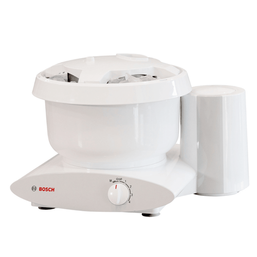White ice cream maker attachment with control dial and motor housing, designed for use with Bosch and NutriMill mixers, featured in Kitchen & Food and Kitchen Gadgets collections.