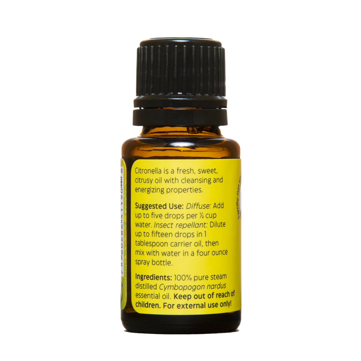 Amber glass bottle of citronella essential oil with black cap and detailed yellow label, handcrafted in USA for use in aromatherapy, soapmaking, candlemaking, and health remedies.