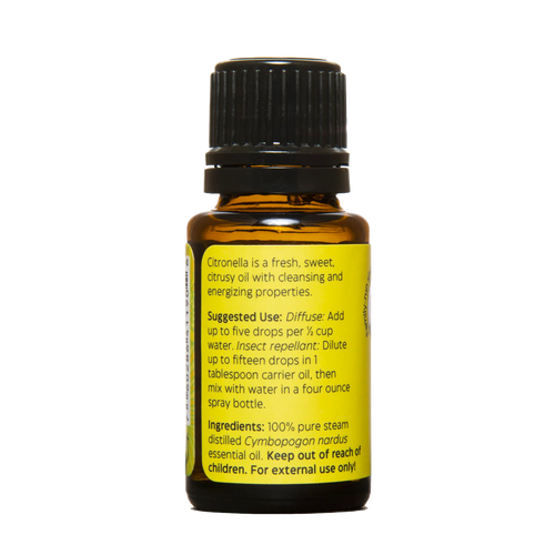Amber glass bottle of citronella essential oil with black cap and detailed yellow label, handcrafted in USA for use in aromatherapy, soapmaking, candlemaking, and health remedies.