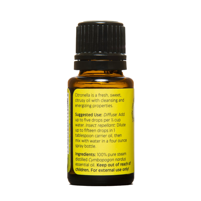 Amber glass bottle of citronella essential oil with black cap and detailed yellow label, handcrafted in USA for use in aromatherapy, soapmaking, candlemaking, and health remedies.