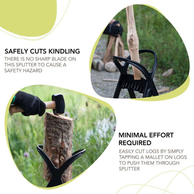 Kindling splitter with wide mouth design for safely cutting logs into kindling without sharp blades, requiring minimal effort by tapping a mallet, ideal for Farm, Garden & Tool and Wood Cutting and Hauling collections.