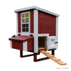 Handcrafted heavy-duty chicken coop in red and white with a wooden ramp, vented window, nesting box, and secure door, featured in Farm, Garden & Tool and Chicken Accessories collections.