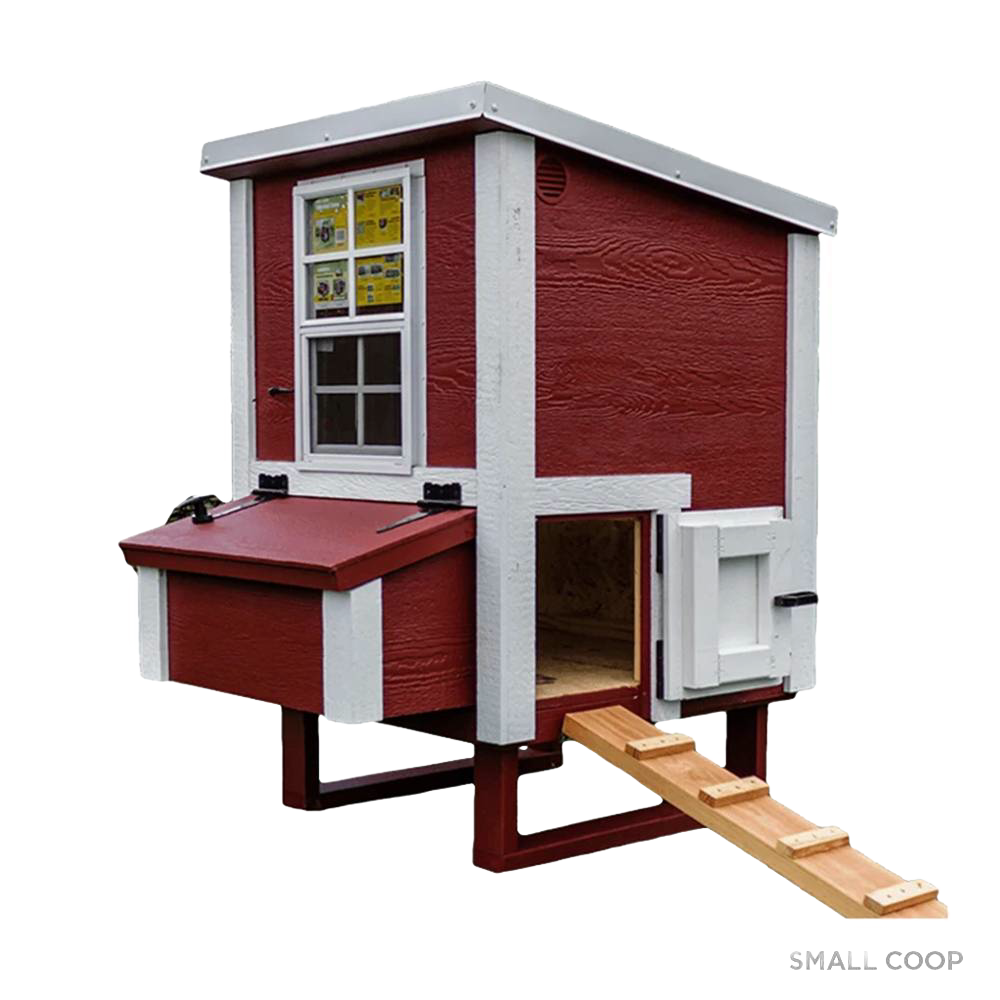 Handcrafted heavy-duty chicken coop in red and white with a wooden ramp, vented window, nesting box, and secure door, featured in Farm, Garden & Tool and Chicken Accessories collections.