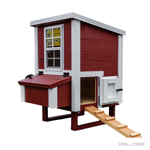 Handcrafted heavy-duty chicken coop in red and white with a wooden ramp, vented window, nesting box, and secure door, featured in Farm, Garden & Tool and Chicken Accessories collections.