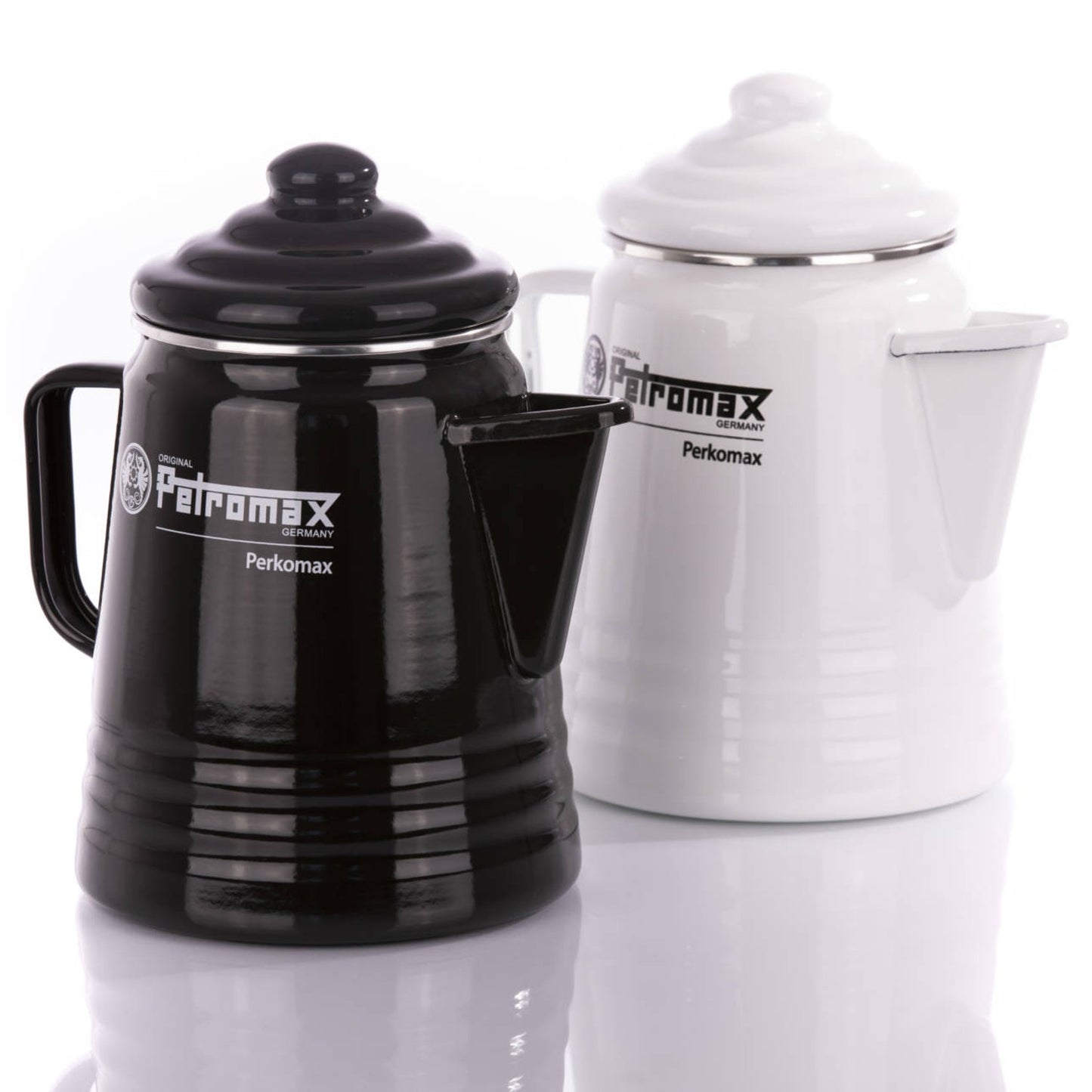 Black and white enameled steel percolators with lids and spouts, designed to brew rich coffee or tea, suitable for Farm, Garden & Tool, Kitchen & Food, Camping, Brewing Coffee and Tea, Best Sellers, and Promo Eligible collections.