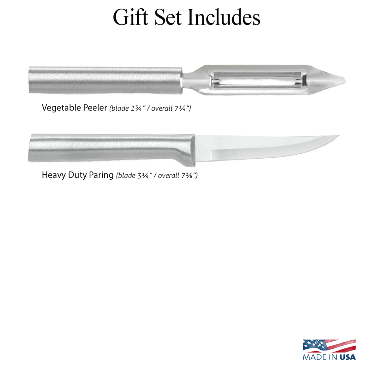 Set of two stainless steel kitchen tools including a sharp paring knife and a vegetable peeler with ergonomic handles, made in USA, ideal for food prep and kitchen tasks.