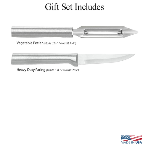 Set of two stainless steel kitchen tools including a sharp paring knife and a vegetable peeler with ergonomic handles, made in USA, ideal for food prep and kitchen tasks.
