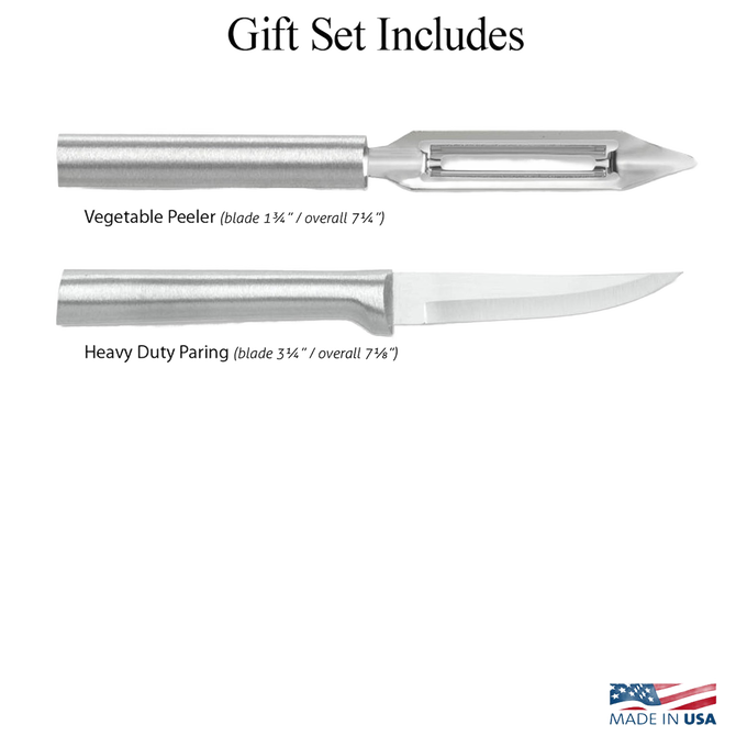Set of two stainless steel kitchen tools including a sharp paring knife and a vegetable peeler with ergonomic handles, made in USA, ideal for food prep and kitchen tasks.