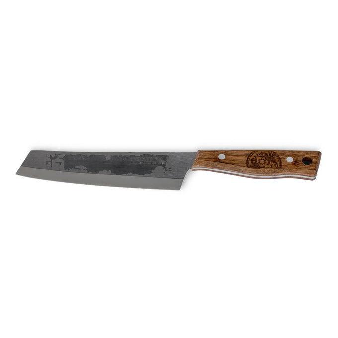 Handcrafted chef's knife with a durable high-quality steel blade and robust walnut handle, ideal for food preparation in kitchen, camping, and garden tool collections.