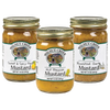 Three glass jars of handcrafted artisan mustards featuring roasted garlic, sweet and spicy pepper, and hot pepper varieties, made in USA, ideal for Kitchen & Food, Pantry, Best Sellers, and Promo Eligible collections.