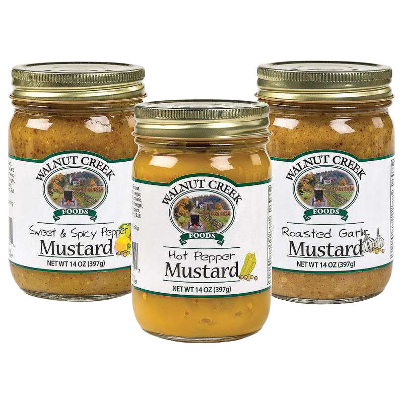 Three glass jars of handcrafted artisan mustards featuring roasted garlic, sweet and spicy pepper, and hot pepper varieties, made in USA, ideal for Kitchen & Food, Pantry, Best Sellers, and Promo Eligible collections.