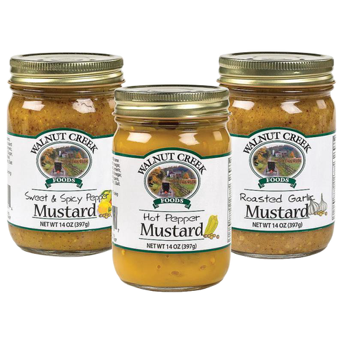 Three glass jars of handcrafted artisan mustards featuring roasted garlic, sweet and spicy pepper, and hot pepper varieties, made in USA, ideal for Kitchen & Food, Pantry, Best Sellers, and Promo Eligible collections.
