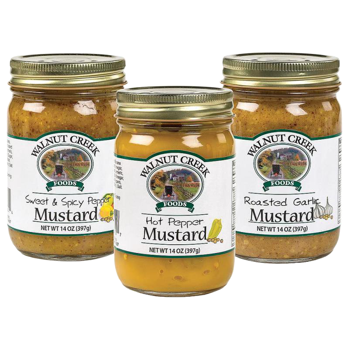 Three glass jars of handcrafted artisan mustards featuring roasted garlic, sweet and spicy pepper, and hot pepper varieties, made in USA, ideal for Kitchen & Food, Pantry, Best Sellers, and Promo Eligible collections.