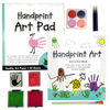 SpiceBox Handprint Art Kit with colorful ink pads, watercolor paints, brushes, and a handprint art pad, designed to encourage creativity in children's arts and crafts collections.