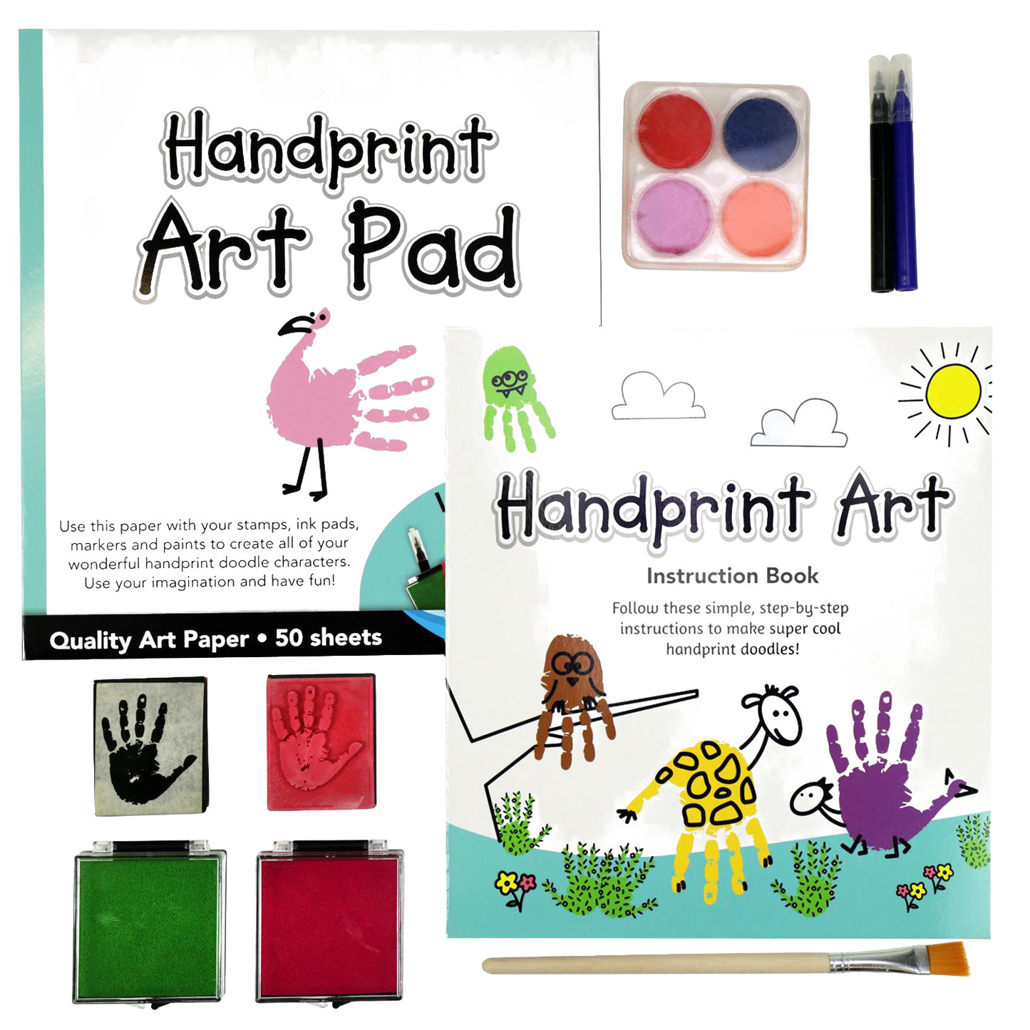 SpiceBox Handprint Art Kit with colorful ink pads, watercolor paints, brushes, and a handprint art pad, designed to encourage creativity in children's arts and crafts collections.