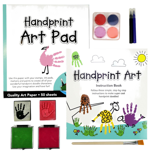 SpiceBox Handprint Art Kit with colorful ink pads, watercolor paints, brushes, and a handprint art pad, designed to encourage creativity in children's arts and crafts collections.