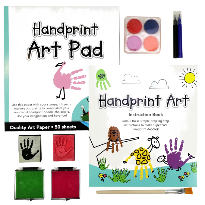 SpiceBox Handprint Art Kit with colorful ink pads, watercolor paints, brushes, and a handprint art pad, designed to encourage creativity in children's arts and crafts collections.