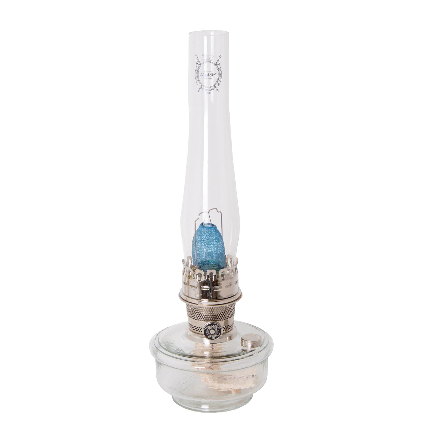 Handcrafted clear glass oil lamp with polished metal burner and tall chimney, designed for bright, space-saving lighting in Farm, Garden & Tool, Lamps & Lighting, and Emergency Supplies collections.