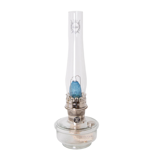 Handcrafted clear glass oil lamp with polished metal burner and tall chimney, designed for bright, space-saving lighting in Farm, Garden & Tool, Lamps & Lighting, and Emergency Supplies collections.