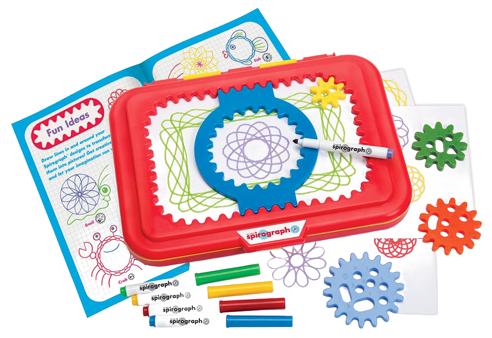 Children's art set featuring large colorful design gears, washable markers, and a bright red carry-along desk with storage, promoting creativity in toys, arts and crafts collections.