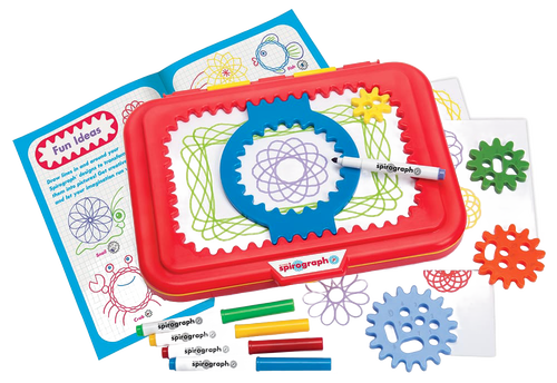 Children's art set featuring large colorful design gears, washable markers, and a bright red carry-along desk with storage, promoting creativity in toys, arts and crafts collections.