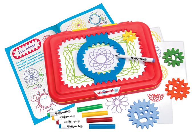 Children's art set featuring large colorful design gears, washable markers, and a bright red carry-along desk with storage, promoting creativity in toys, arts and crafts collections.
