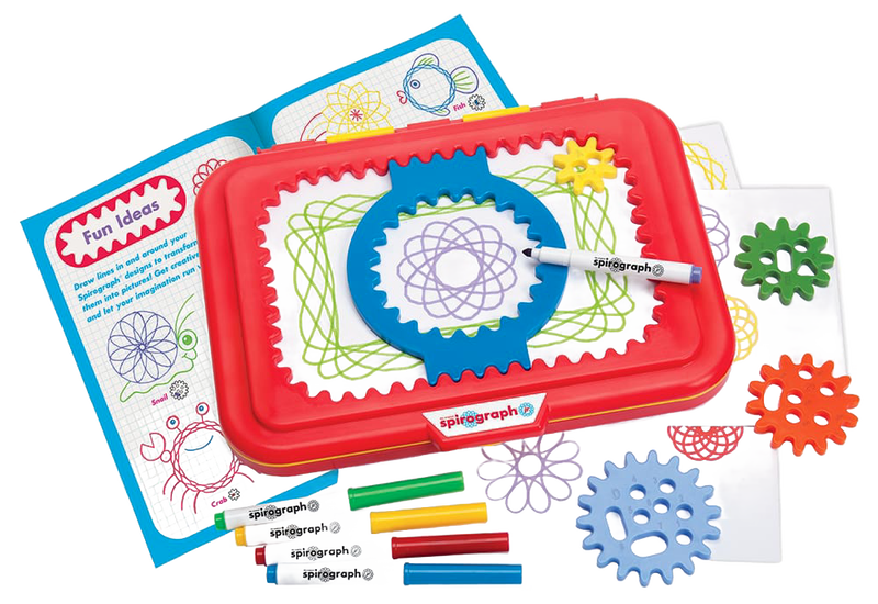 Children's art set featuring large colorful design gears, washable markers, and a bright red carry-along desk with storage, promoting creativity in toys, arts and crafts collections.