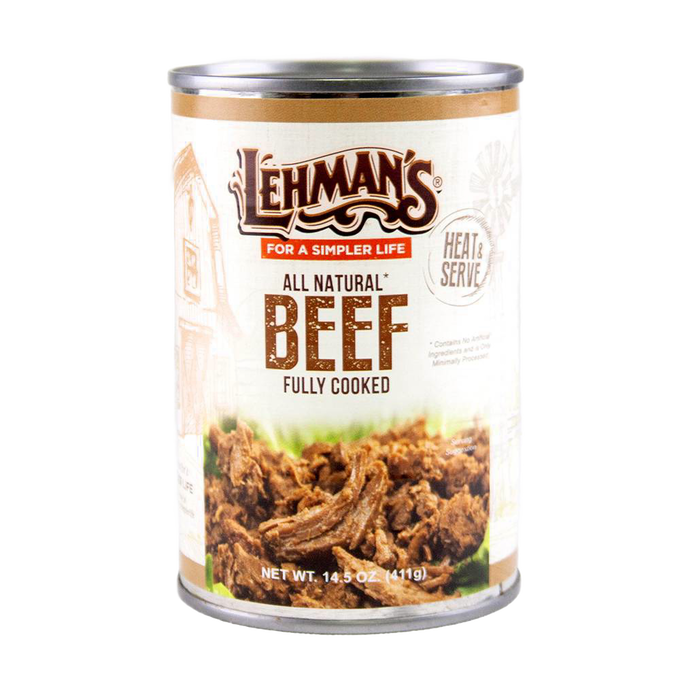 Can of handcrafted fully cooked all natural shredded beef with rustic label design, perfect for Farm, Garden & Tool, Kitchen & Food, Emergency Supplies, and Best Sellers collections.