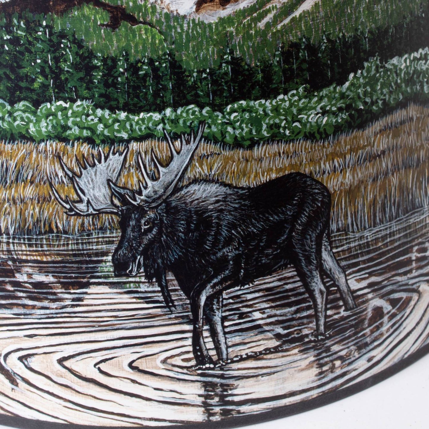 Handcrafted parchment oil lamp shade featuring a detailed Rocky Mountain wildlife scene with a moose standing in water, designed to soften light, ideal for Lamps & Lighting, Parts and Accessories, Lamp Shades, and Best Sellers collections.