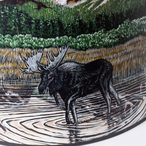 Handcrafted parchment oil lamp shade featuring a detailed Rocky Mountain wildlife scene with a moose standing in water, designed to soften light, ideal for Lamps & Lighting, Parts and Accessories, Lamp Shades, and Best Sellers collections.