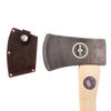 Lighter single bit axe with drop-forged high carbon steel blade and smooth wooden handle, featuring a protective leather sheath, handcrafted in the USA and Amish made for farm and garden use.