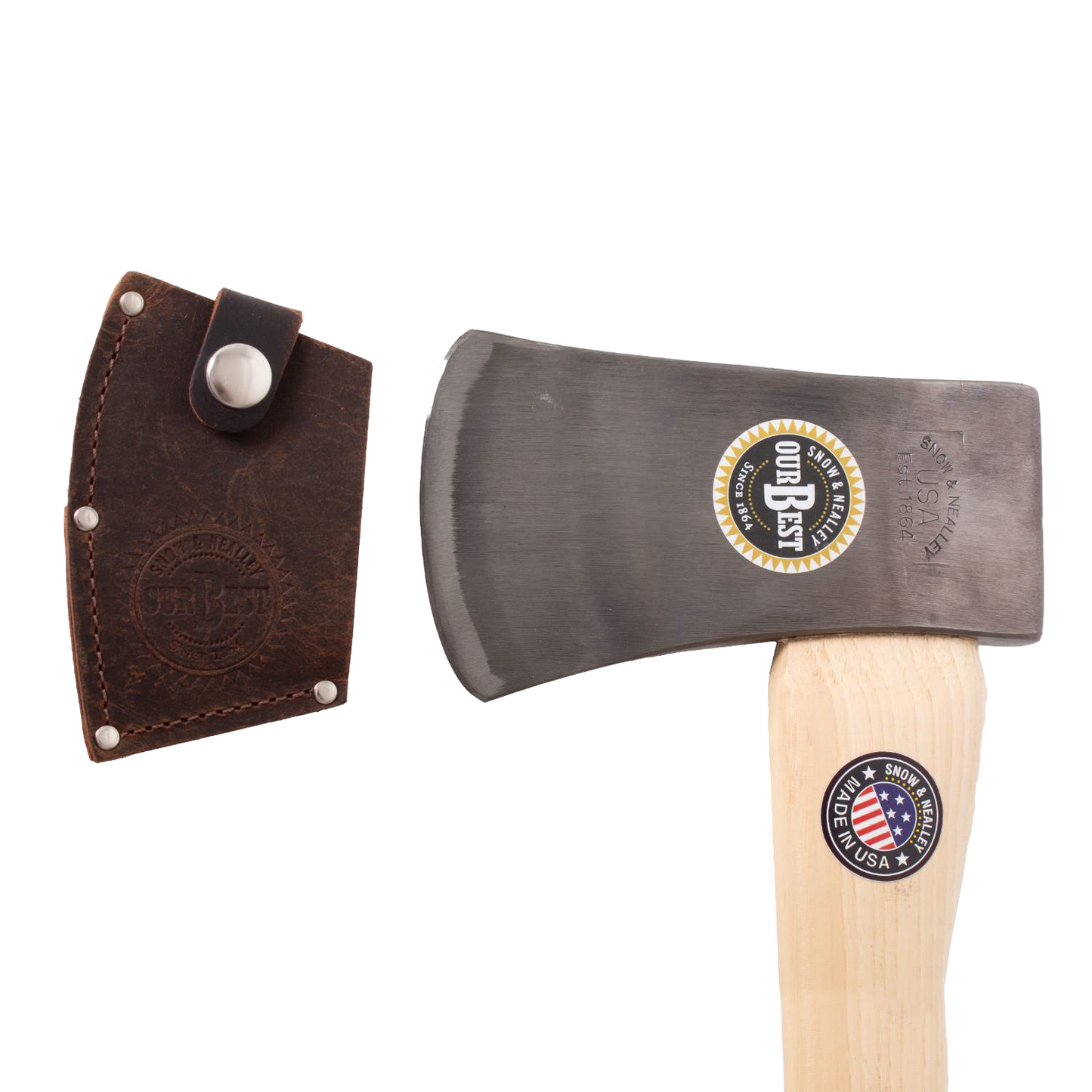 Lighter single bit axe with drop-forged high carbon steel blade and smooth wooden handle, featuring a protective leather sheath, handcrafted in the USA and Amish made for farm and garden use.