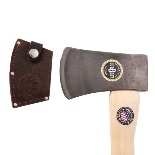 Lighter single bit axe with drop-forged high carbon steel blade and smooth wooden handle, featuring a protective leather sheath, handcrafted in the USA and Amish made for farm and garden use.