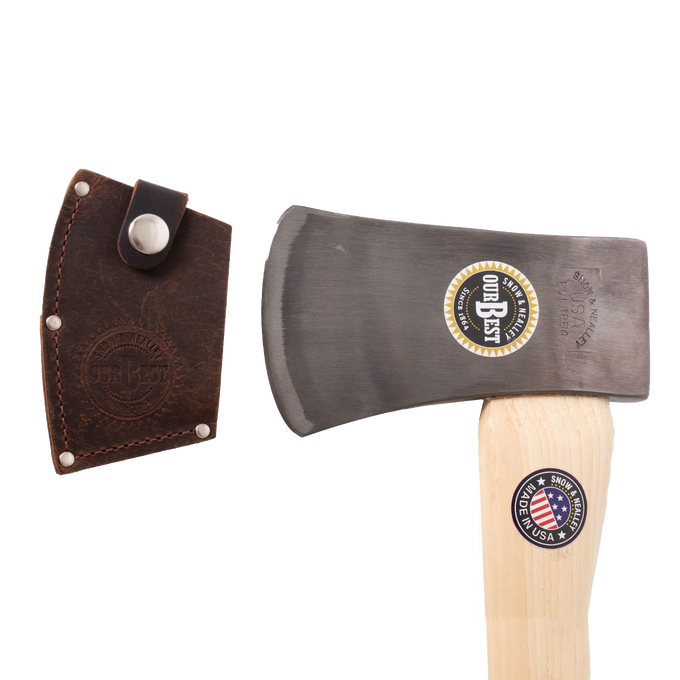 Lighter single bit axe with drop-forged high carbon steel blade and smooth wooden handle, featuring a protective leather sheath, handcrafted in the USA and Amish made for farm and garden use.