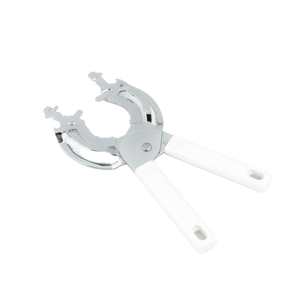 Durable chromed steel jar and bottle vise with comfortable white handles, designed to easily open stubborn lids, featured in Kitchen & Food, Kitchen Gadgets, and Best Sellers collections.