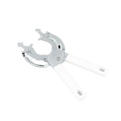 Durable chromed steel jar and bottle vise with comfortable white handles, designed to easily open stubborn lids, featured in Kitchen & Food, Kitchen Gadgets, and Best Sellers collections.