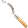 Durable angle weeder featuring a sharp, serrated curved blade with barbed tip on a smooth wood handle, designed for precise root and weed removal, made in USA, ideal for farm and garden tasks.