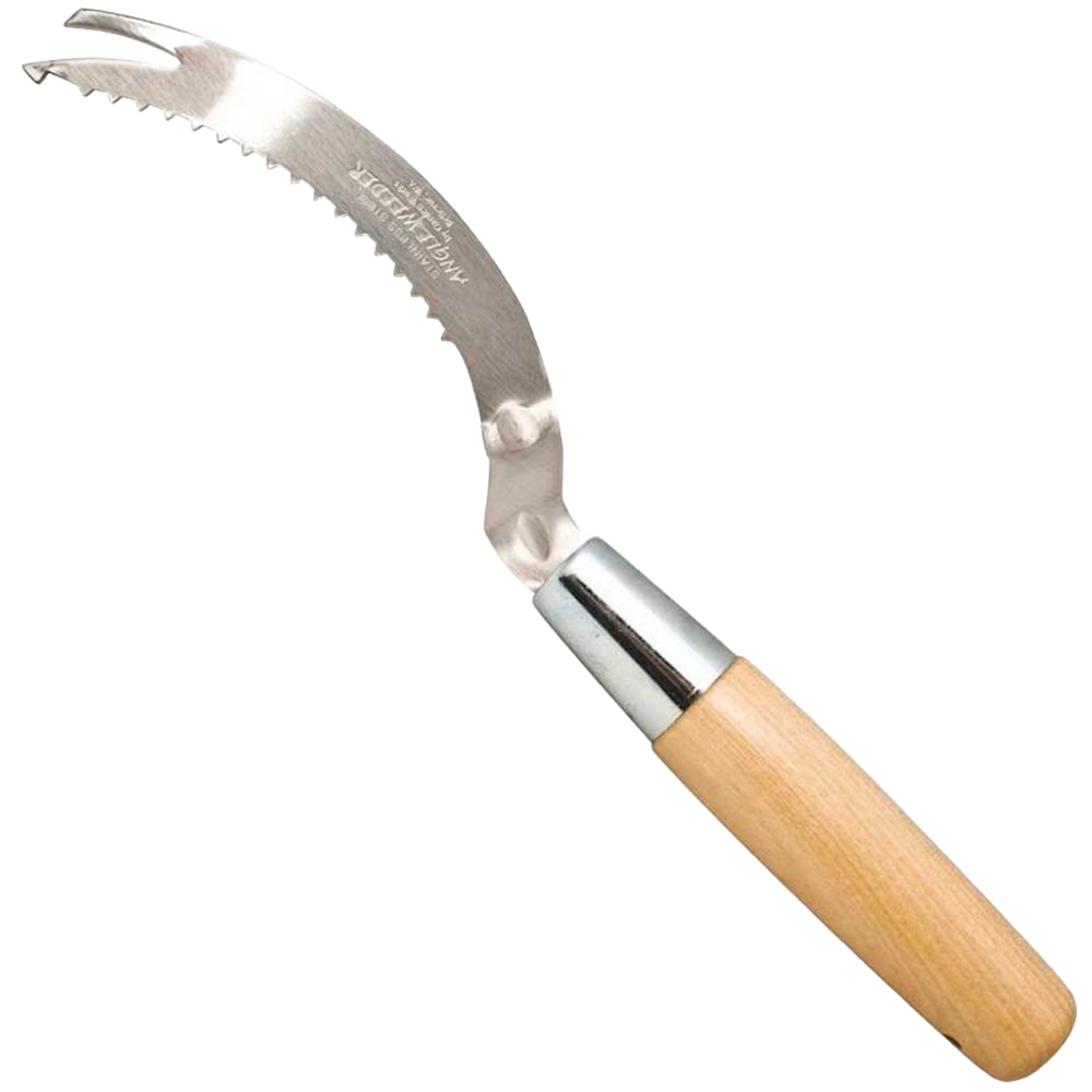 Durable angle weeder featuring a sharp, serrated curved blade with barbed tip on a smooth wood handle, designed for precise root and weed removal, made in USA, ideal for farm and garden tasks.