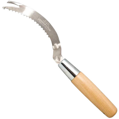 Durable angle weeder featuring a sharp, serrated curved blade with barbed tip on a smooth wood handle, designed for precise root and weed removal, made in USA, ideal for farm and garden tasks.