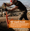 Man using the 40-inch cant hook attachment on an orange LogOX forestry multitool to roll a large log outdoors, featured in Farm, Garden & Tool and Wood Cutting and Hauling collections with USA Made quality.