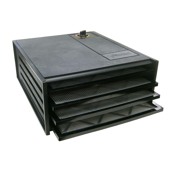 Black electric food dryer with four stackable mesh trays and adjustable thermostat, designed for efficient food preservation, part of Kitchen & Food and USA Made collections.