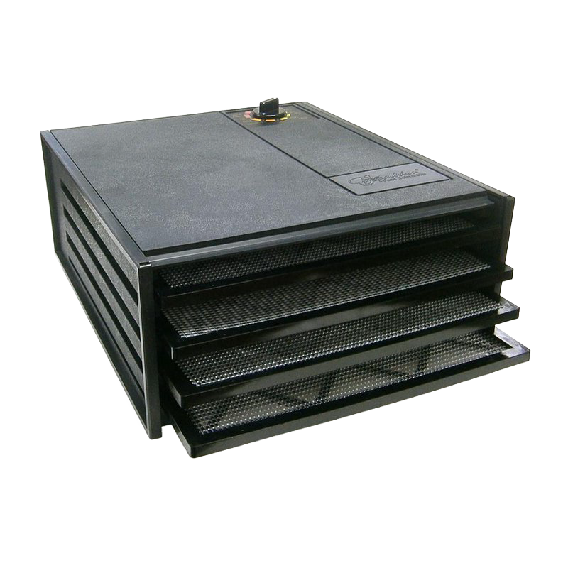 Black electric food dryer with four stackable mesh trays and adjustable thermostat, designed for efficient food preservation, part of Kitchen & Food and USA Made collections.