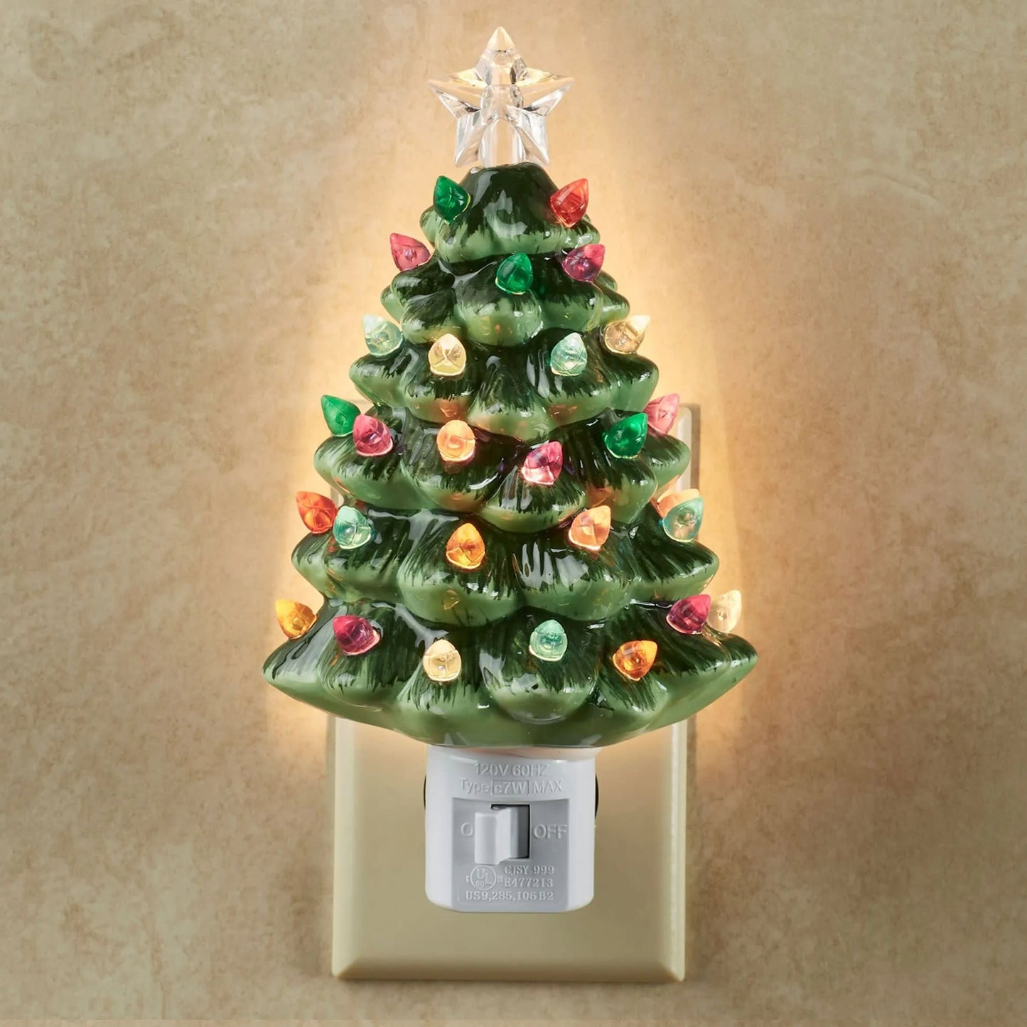 Handcrafted vintage-style ceramic tree nightlight with colorful bulbs in purple, pink, green, red, yellow, blue, clear, and a clear star topper, perfect festive accent for Home & Decor, Holiday Decor, Best Sellers, Promo Eligible collections.