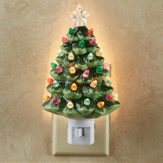 Handcrafted vintage-style ceramic tree nightlight with colorful bulbs in purple, pink, green, red, yellow, blue, clear, and a clear star topper, perfect festive accent for Home & Decor, Holiday Decor, Best Sellers, Promo Eligible collections.