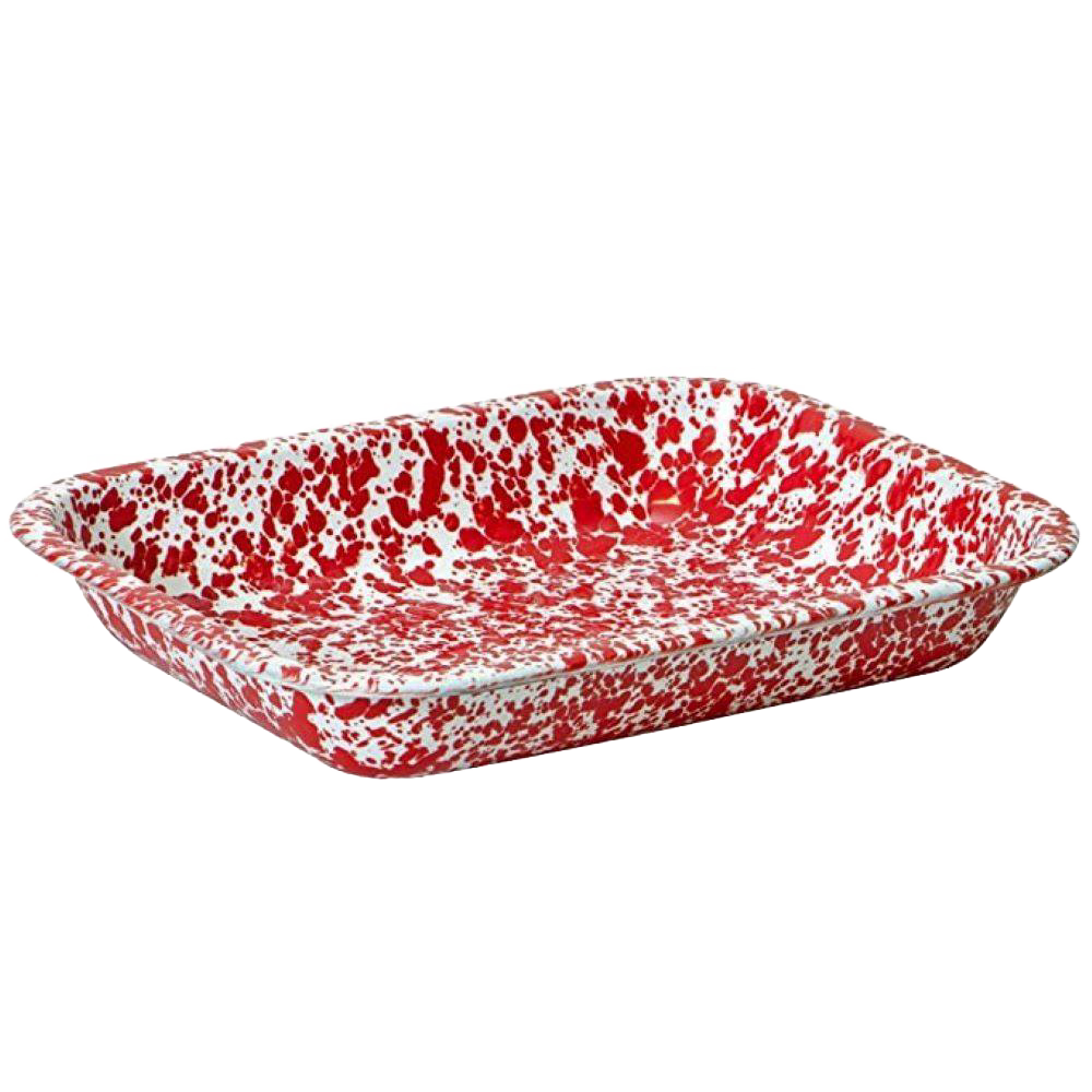 Rectangular roasting pan with vibrant red and white splatter enamelware finish, made from high-quality carbon steel, ideal for kitchen, cookware, and best seller collections.