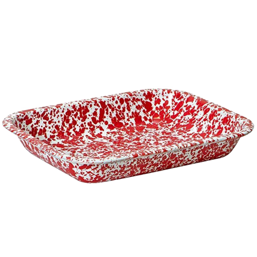 Rectangular roasting pan with vibrant red and white splatter enamelware finish, made from high-quality carbon steel, ideal for kitchen, cookware, and best seller collections.