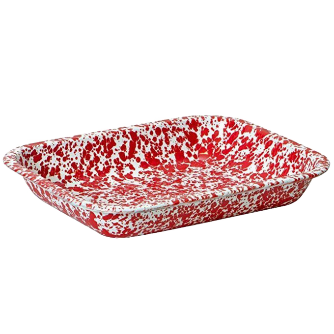Rectangular roasting pan with vibrant red and white splatter enamelware finish, made from high-quality carbon steel, ideal for kitchen, cookware, and best seller collections.